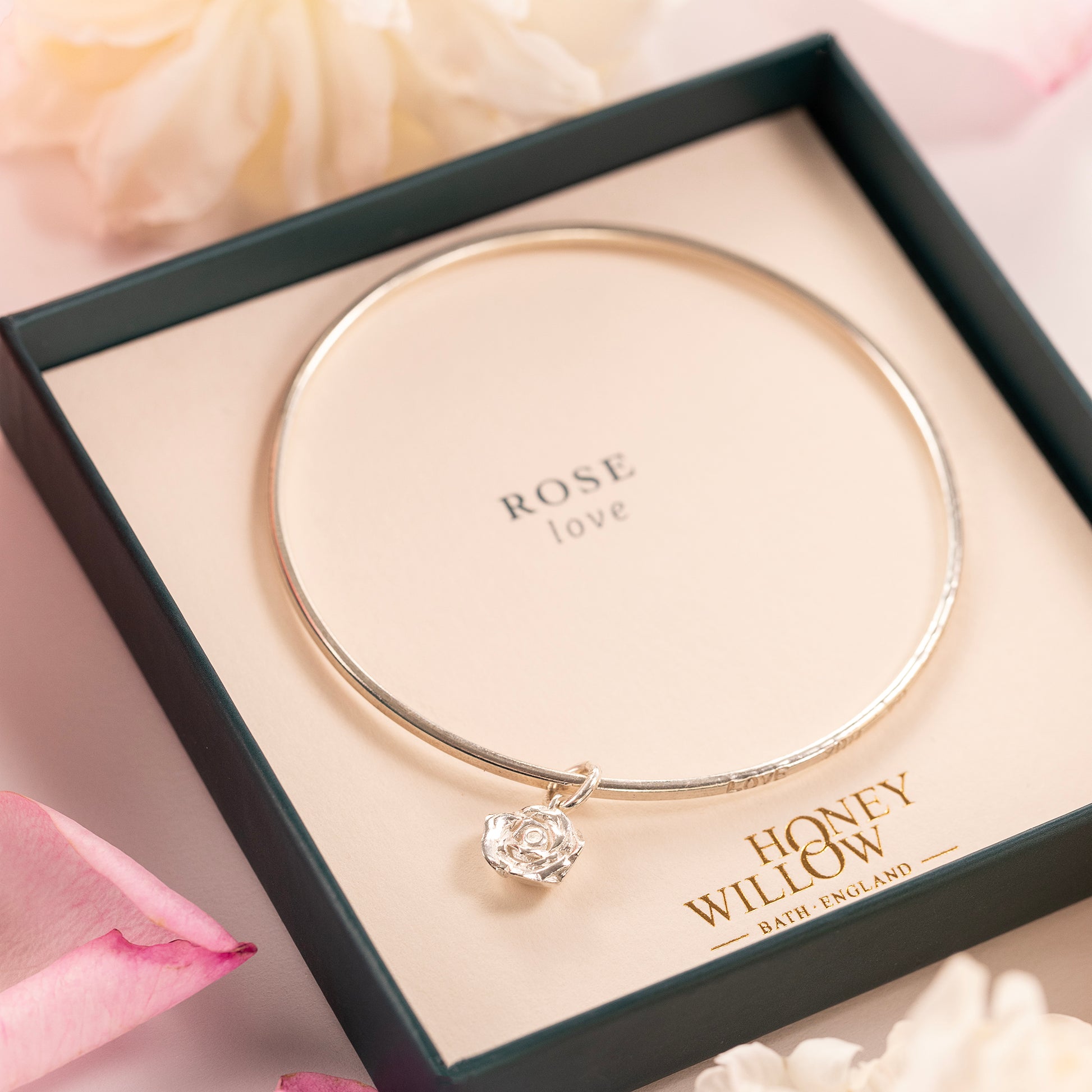 Personalised Rose Flower Bangle - Love - Silver