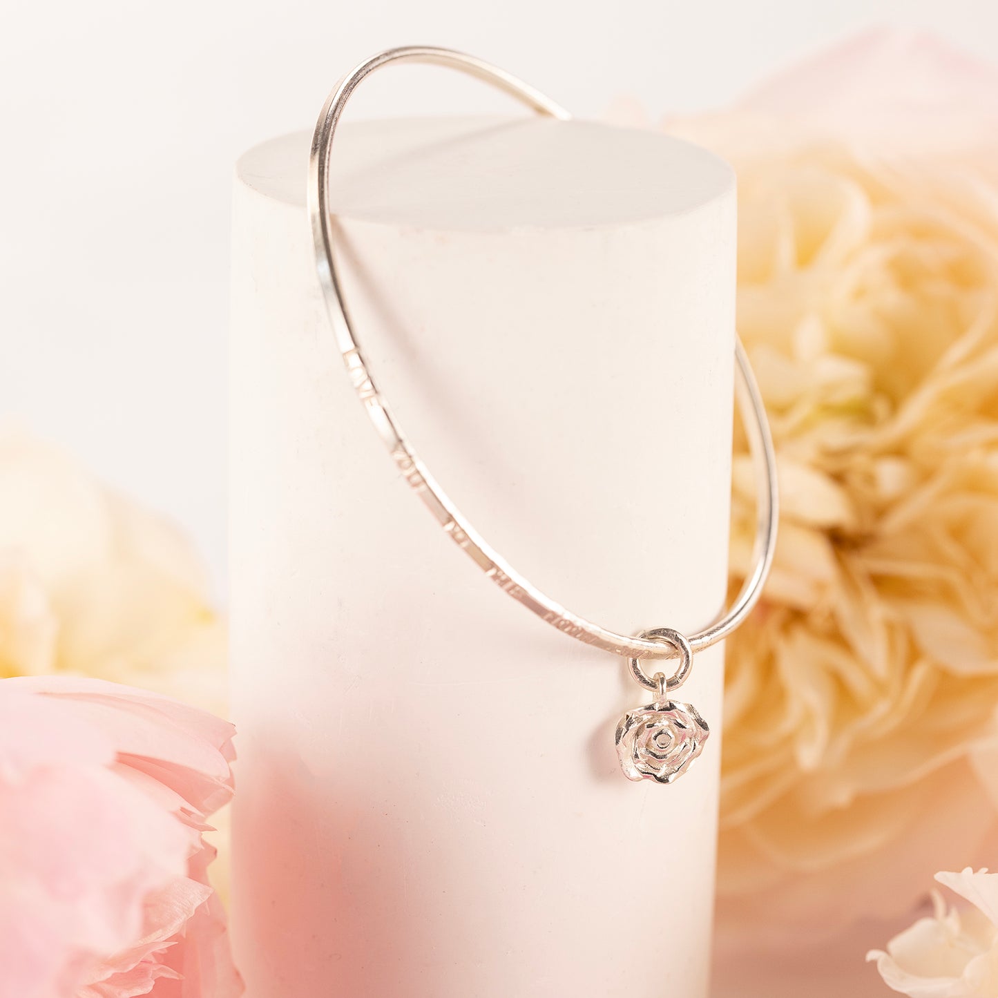 Personalised Rose Flower Bangle - Love - Silver