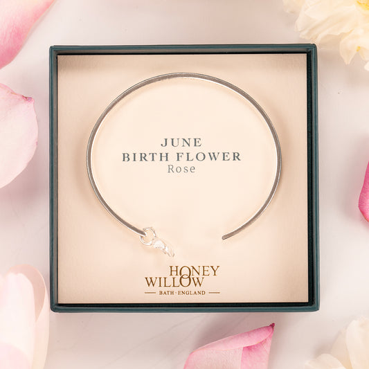 June Birth Flower Jewellery - Personalised Rose Open Cuff Bangle - Silver