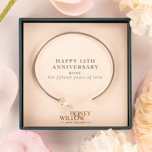 15th Anniversary Gift - Personalised Rose Flower Open Cuff Bangle - Silver