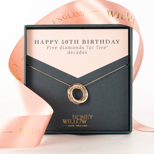 50th Birthday Necklace - 5 Diamonds for 5 Decades - 9kt Gold & Lab Grown Diamonds
