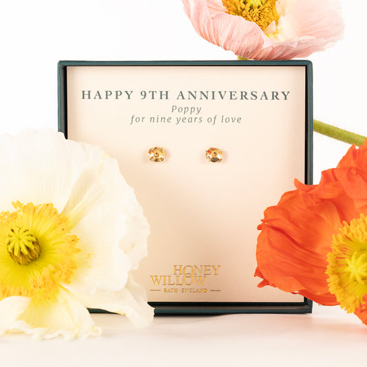 9th Anniversary Gift - Poppy Flower Stud Earrings - 9kt Gold