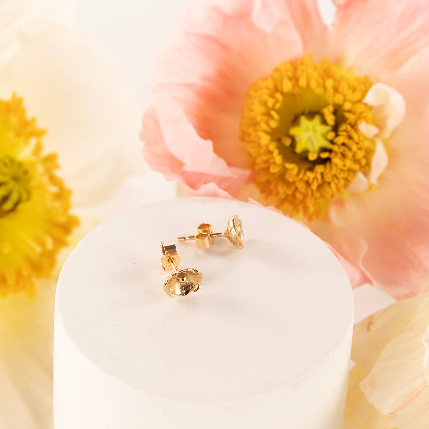 9th Anniversary Gift - Poppy Flower Stud Earrings - 9kt Gold