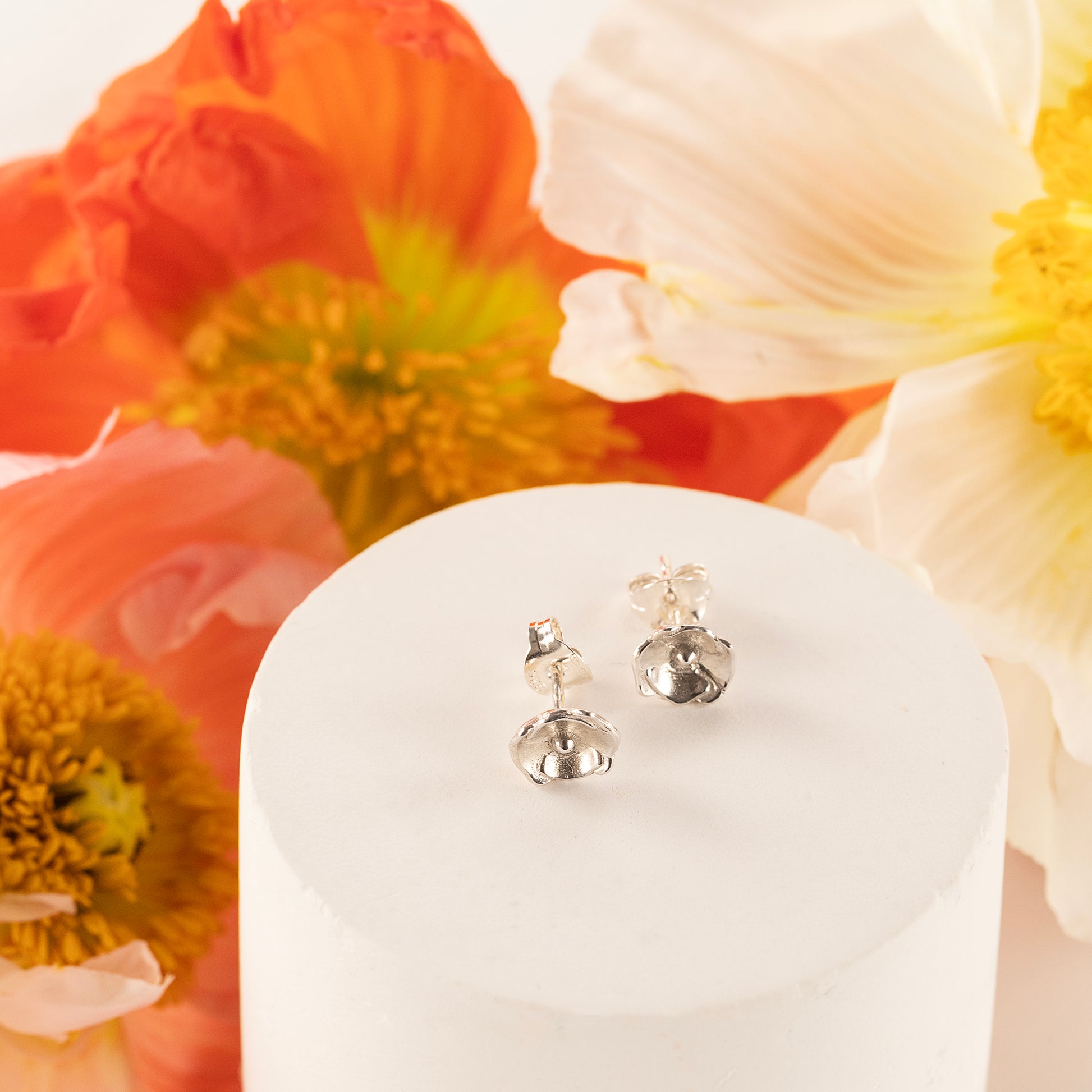 Poppy Flower Stud Earrings - Remembrance - Silver