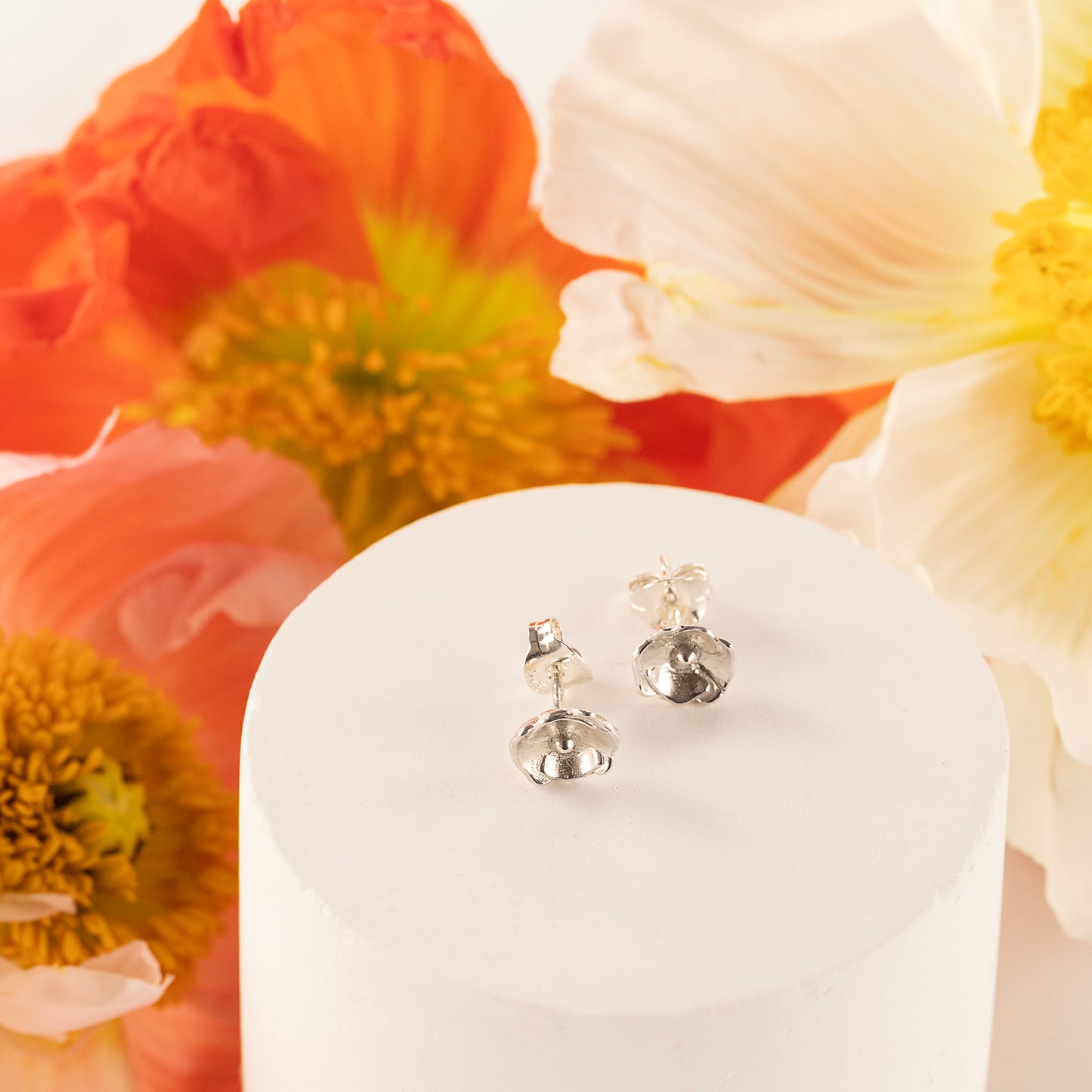 9th Anniversary Gift - Poppy Flower Stud Earrings - Silver