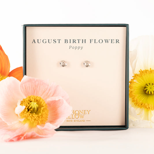 August Birth Flower Stud Earrings - Poppy - Silver