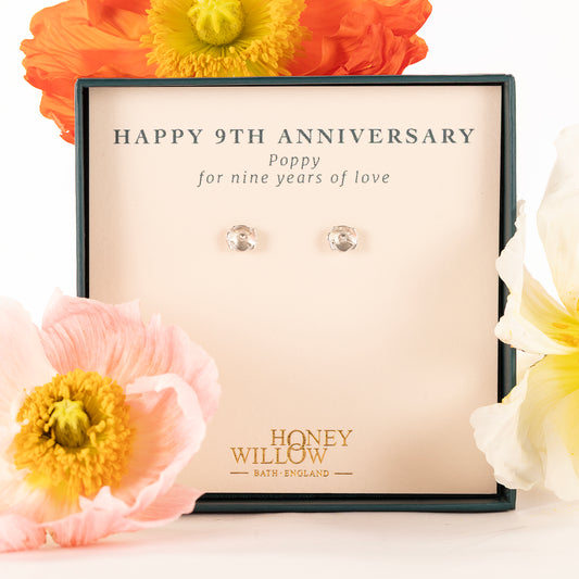 9th Anniversary Gift - Poppy Flower Stud Earrings - Silver