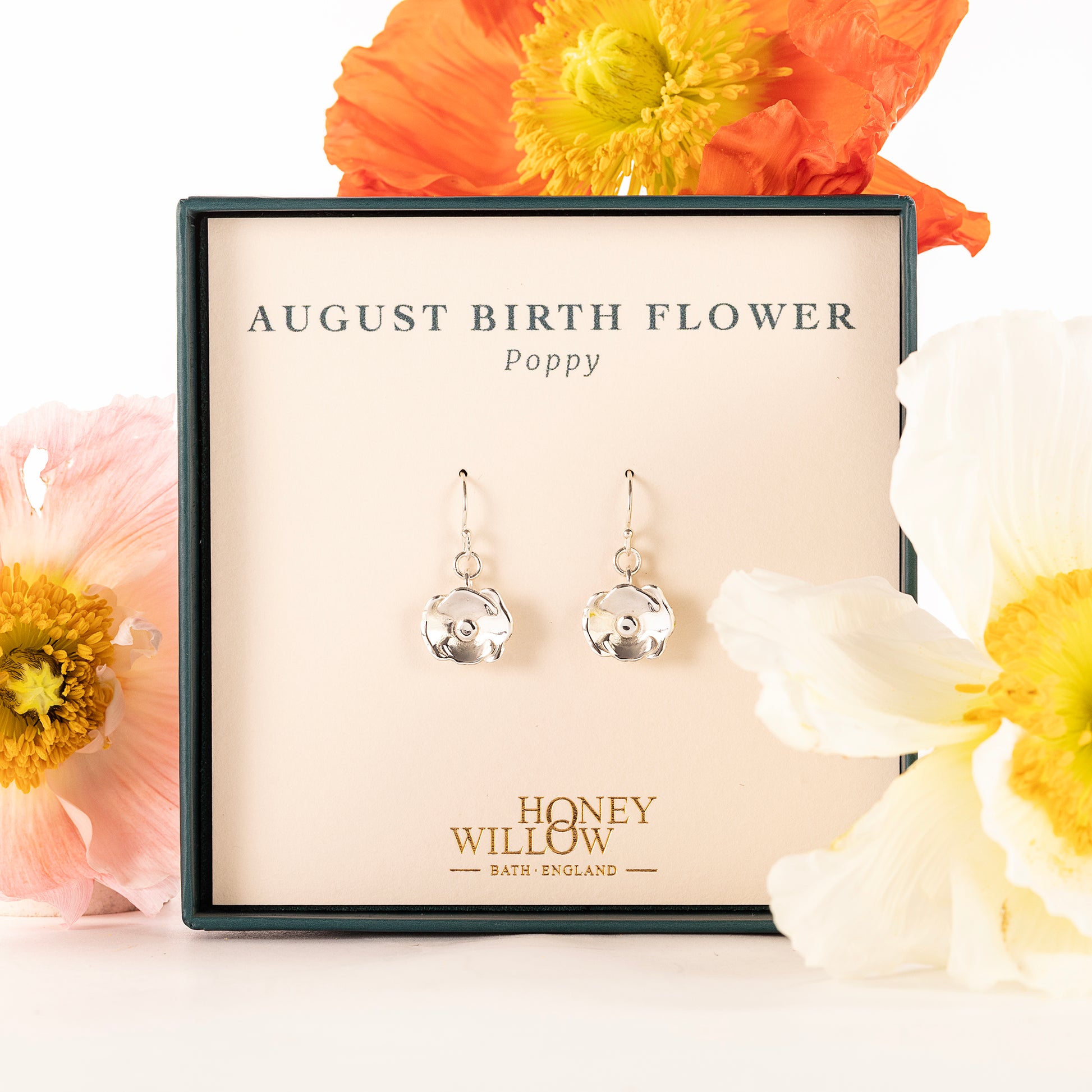 August Birth Flower Earrings - Poppy - Silver