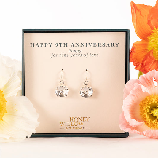 9th Anniversary Gift - Poppy Flower Earrings - Silver