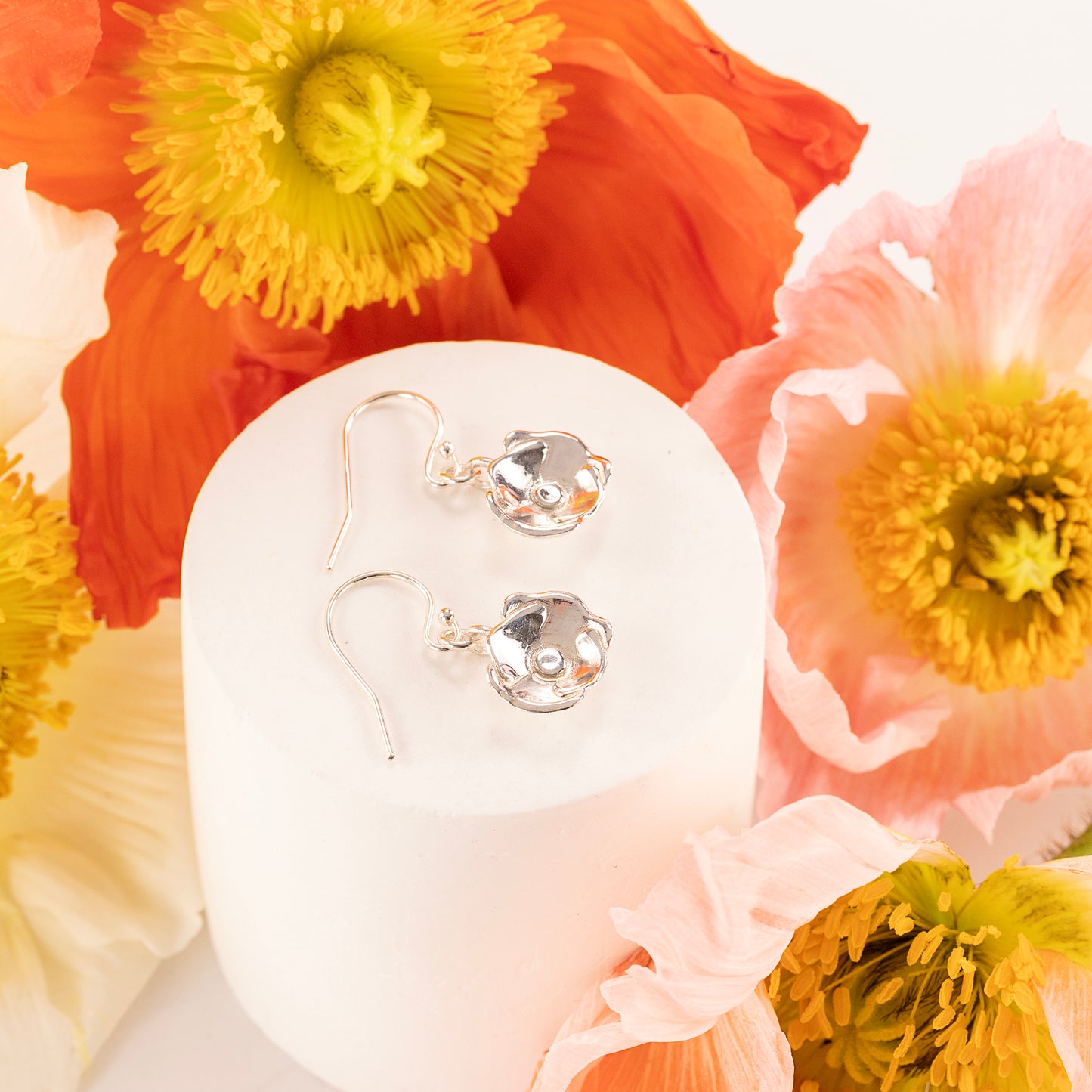 August Birth Flower Earrings - Poppy - Silver