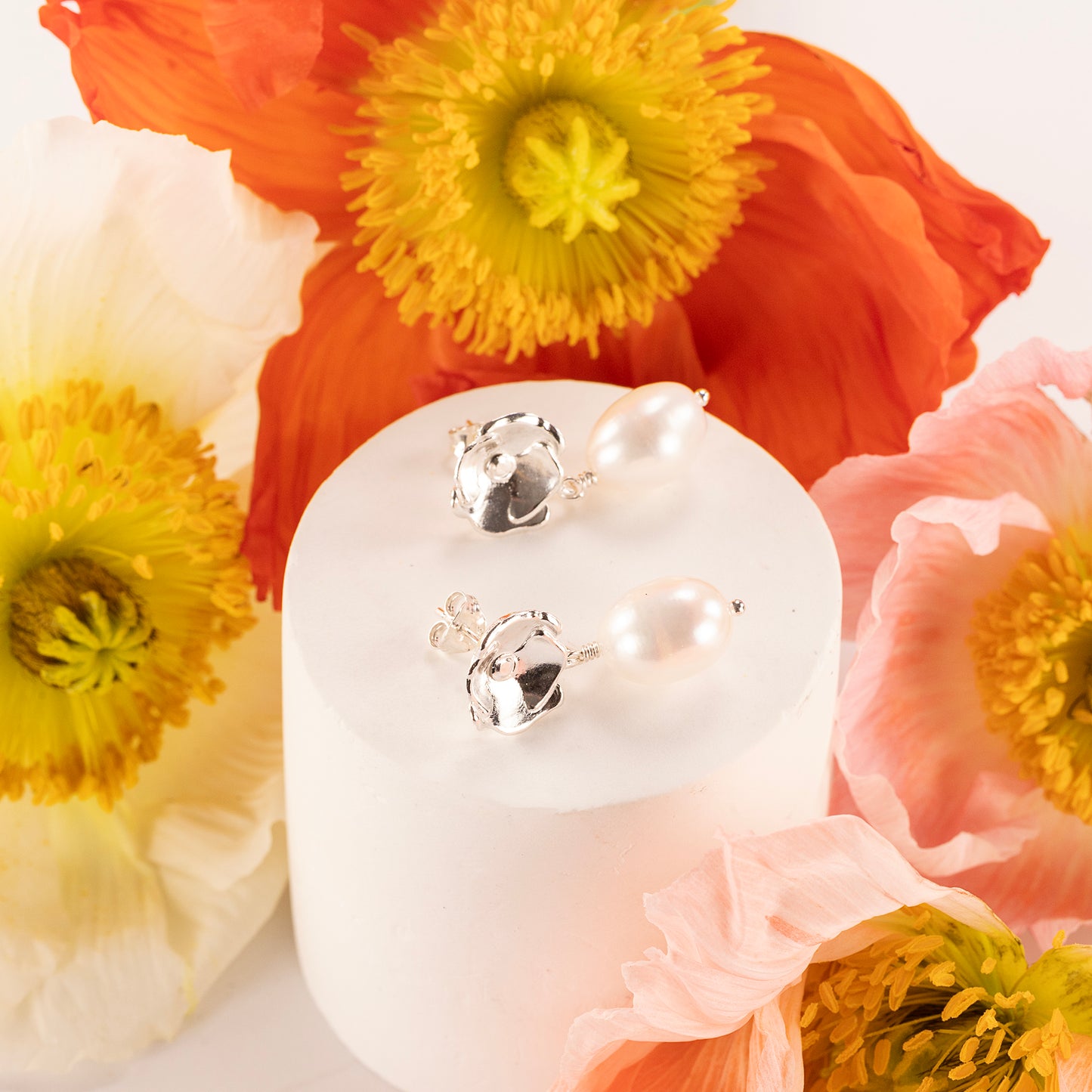 9th Anniversary Gift - Poppy Flower Earrings  - Silver & Pearl