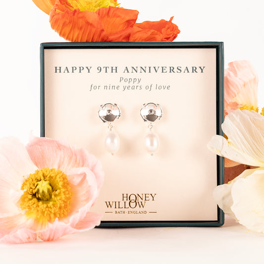 9th Anniversary Gift - Poppy Flower Earrings  - Silver & Pearl