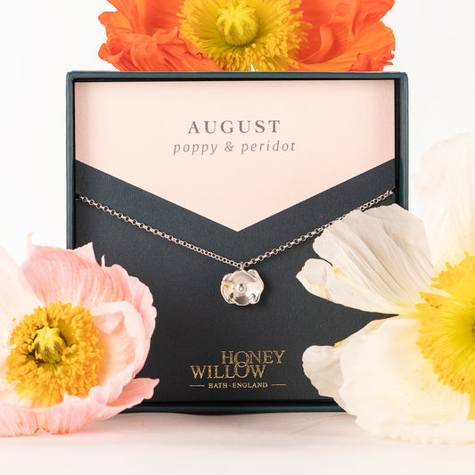 August Birth Flower & Birthstone Necklace - Poppy & Peridot - Silver