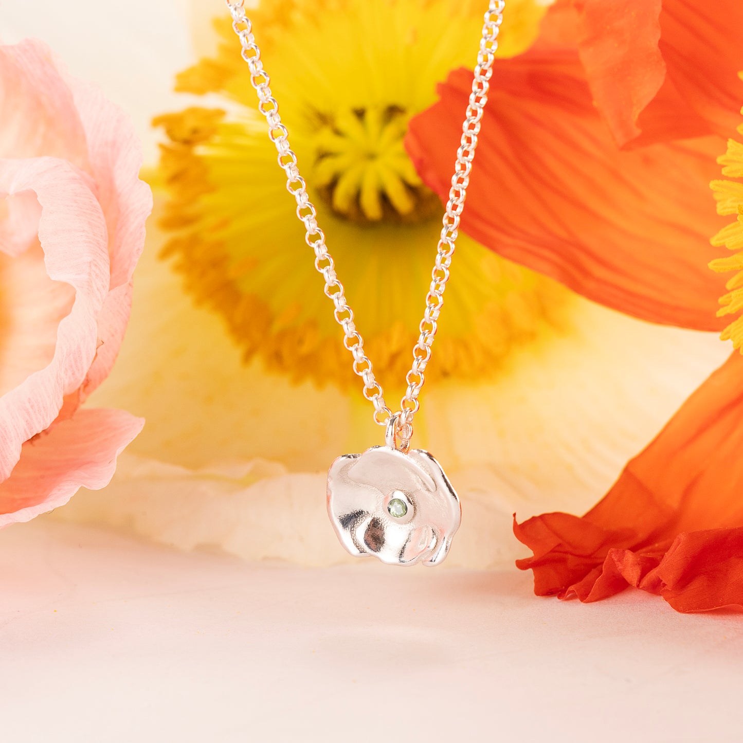 August Birth Flower & Birthstone Necklace - Poppy & Peridot - Silver
