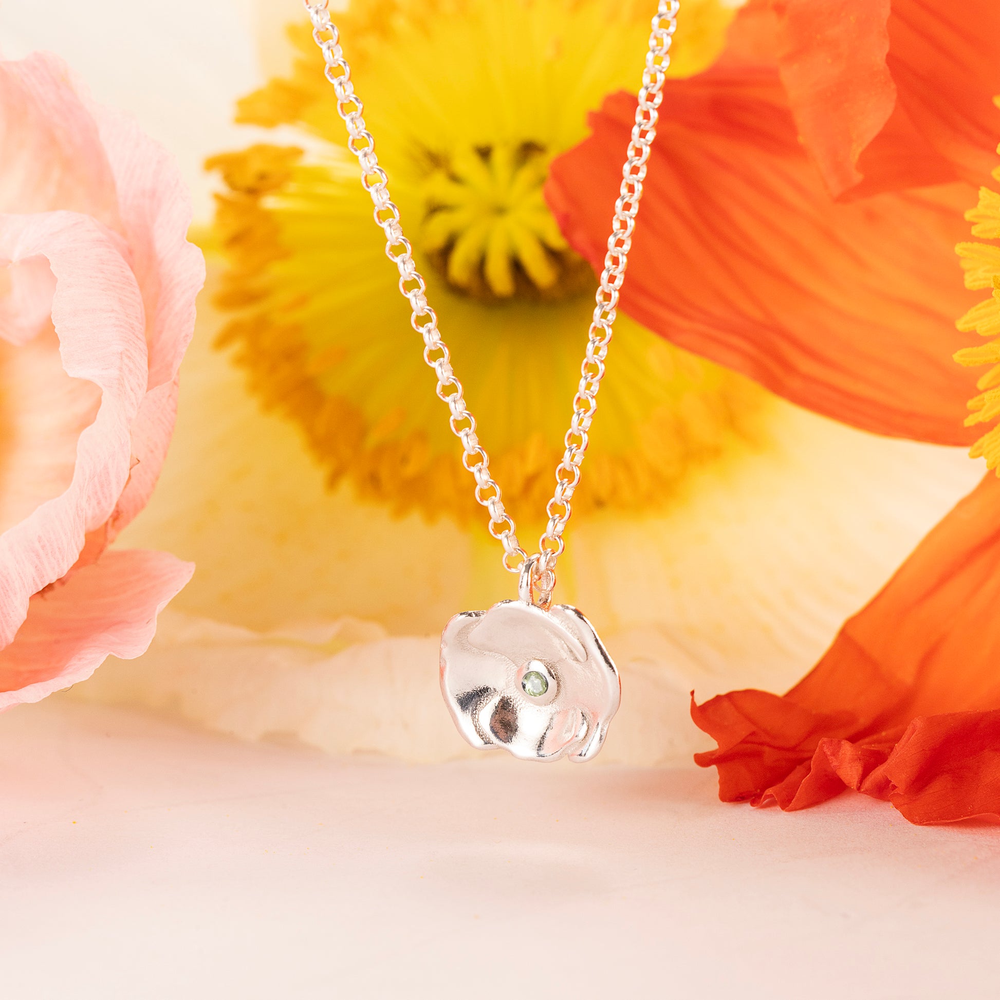 August Birth Flower & Birthstone Necklace - Poppy & Peridot - Silver