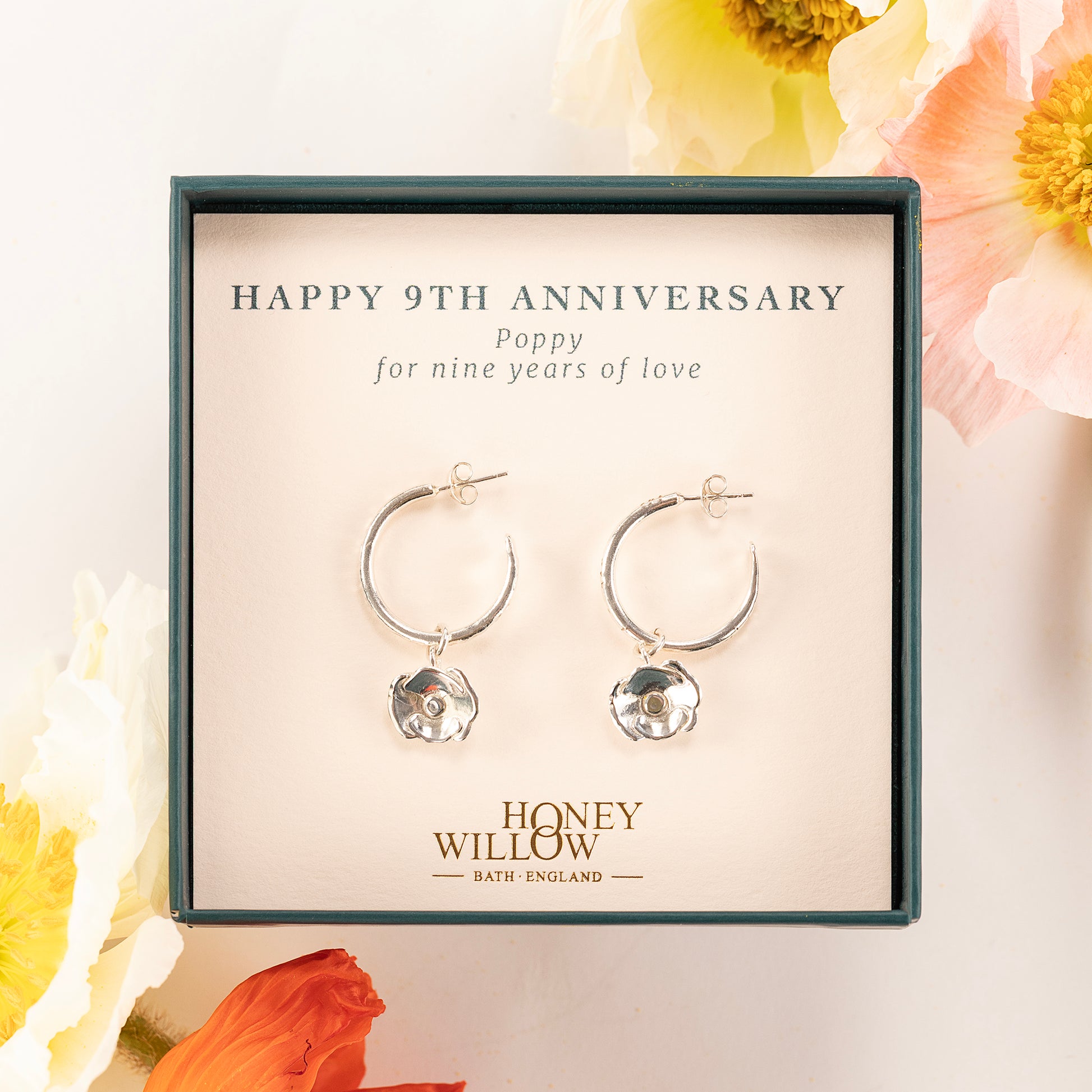 9th Anniversary Gift - Poppy Flower Hoop Earrings - Silver - 2cm