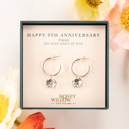 9th Anniversary Gift - Poppy Flower Hoop Earrings - Silver - 2cm