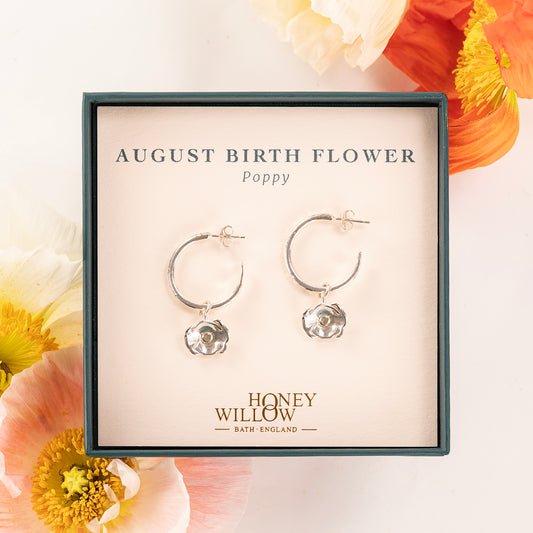 August Birth Flower Hoop Earrings - Poppy - Silver - 2cm