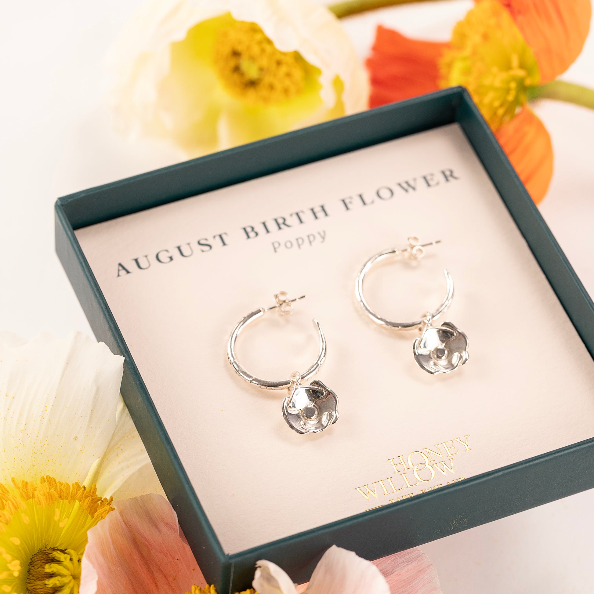August Birth Flower Hoop Earrings - Poppy - Silver - 2cm