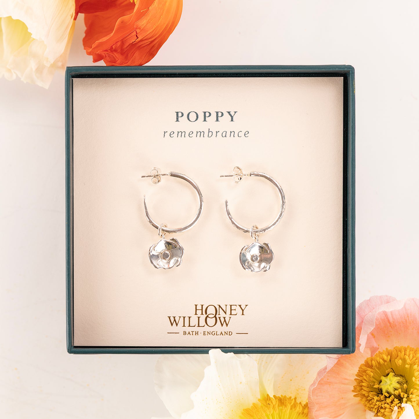 Poppy Flower Hoop Earrings - Remembrance - Silver - 2cm