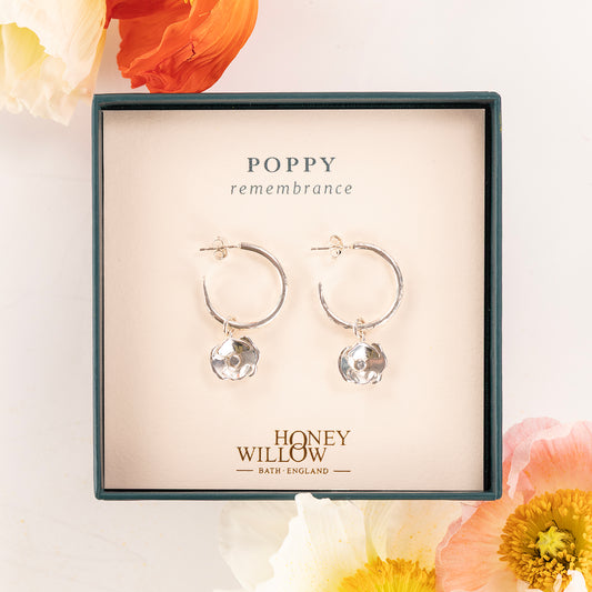 Poppy Flower Hoop Earrings - Remembrance - Silver - 2cm