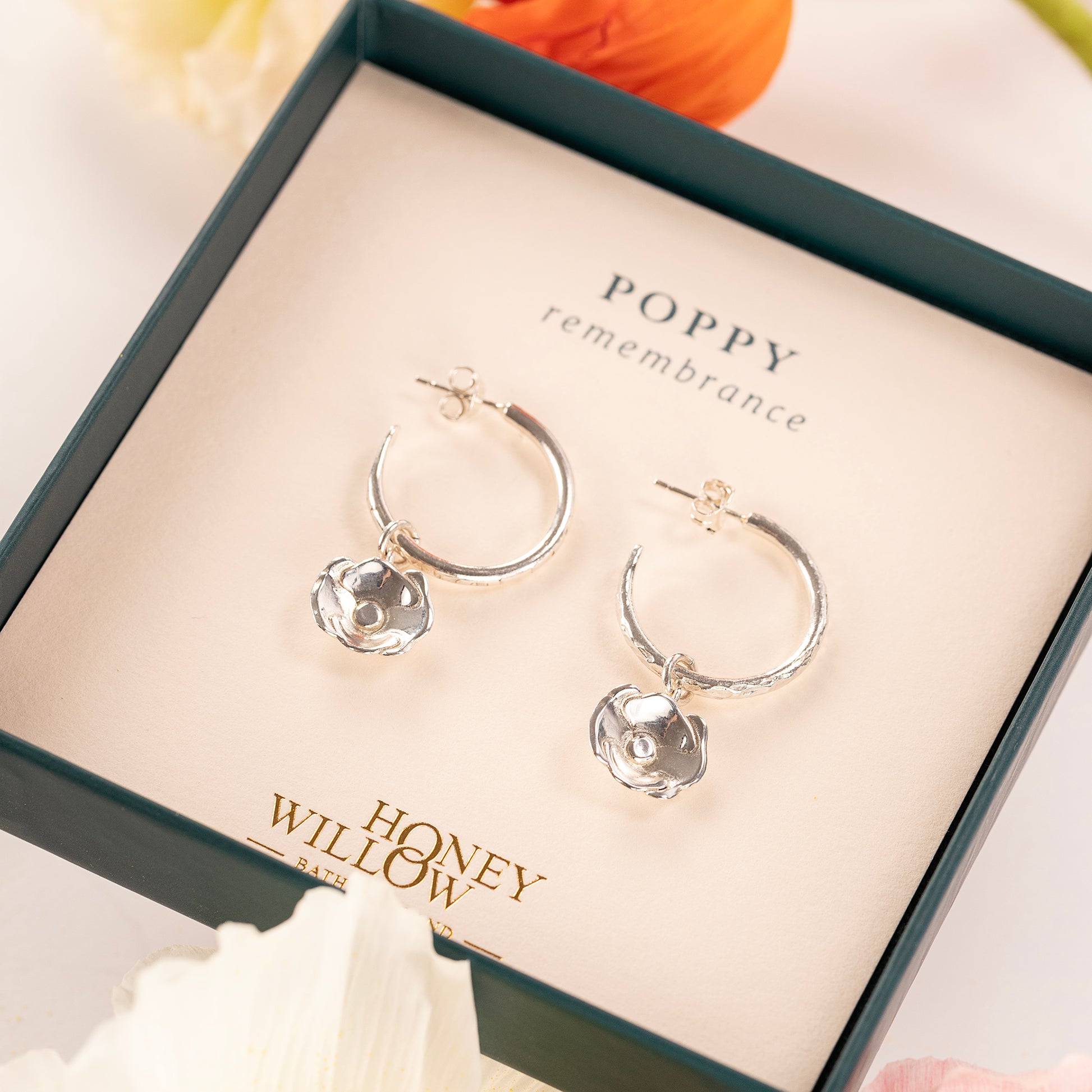 Poppy Flower Hoop Earrings - Remembrance - Silver - 2cm