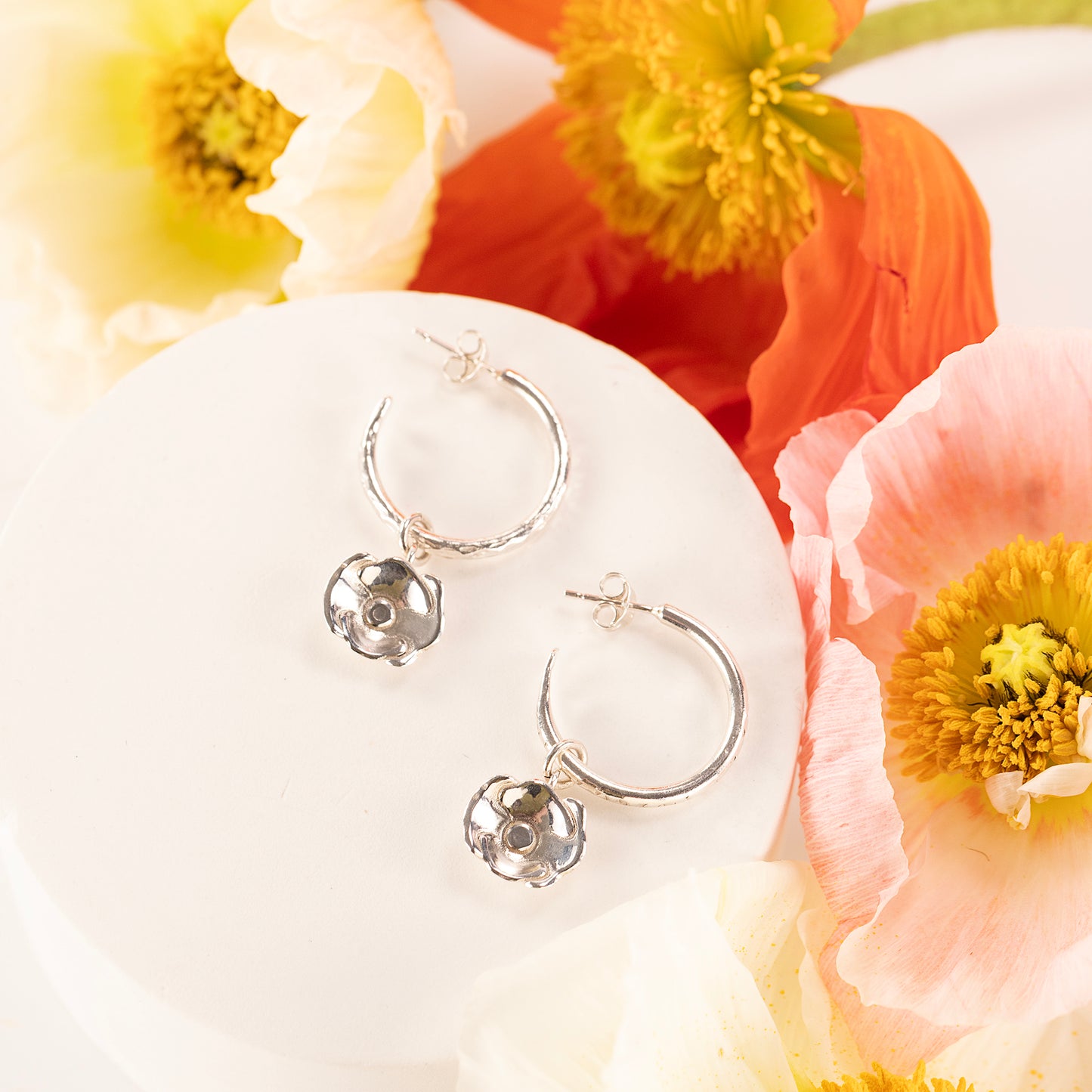Poppy Flower Hoop Earrings - Remembrance - Silver - 2cm