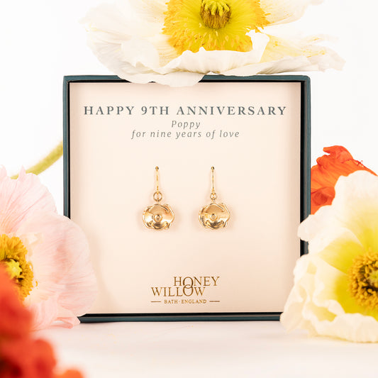 9th Anniversary Gift - Poppy Flower Earrings - 9kt Gold
