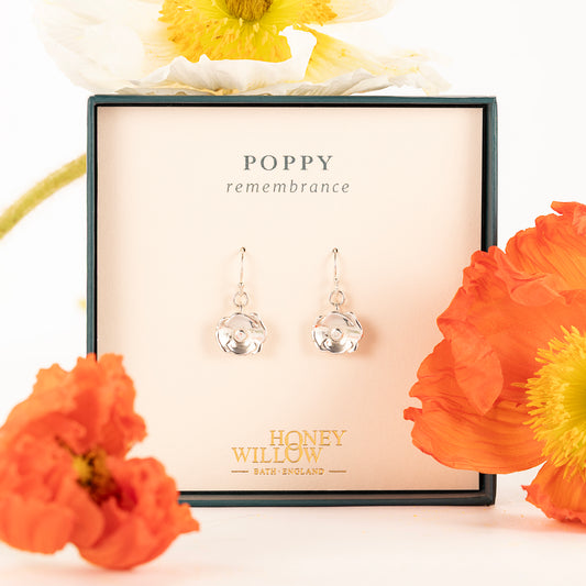 Poppy Flower Earrings - Remembrance - Silver