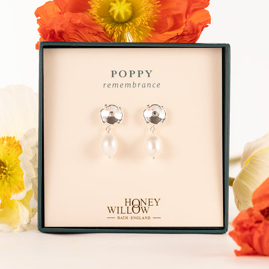 Poppy Flower Earrings - Remembrance  - Silver & Pearl