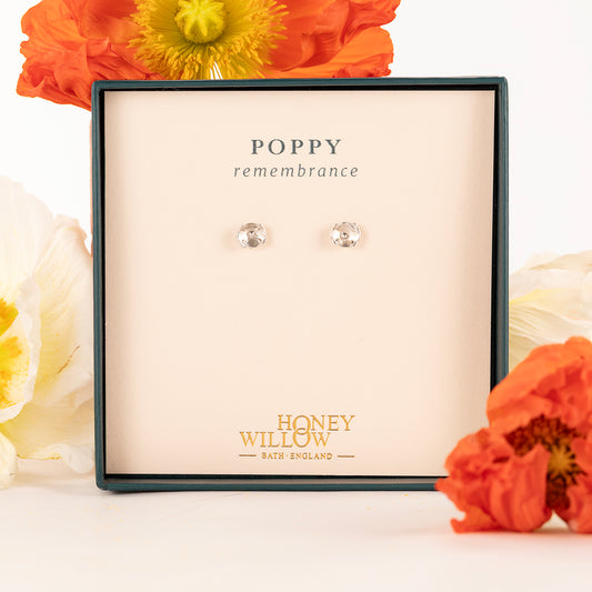 Poppy Flower Stud Earrings - Remembrance - Silver
