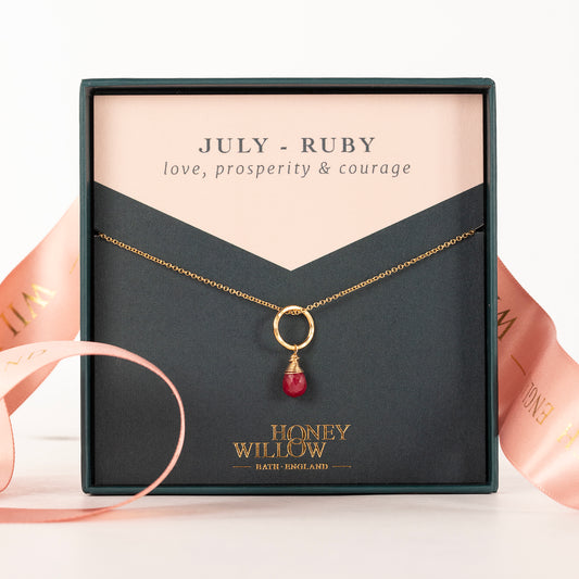 July Birthstone Circle Necklace - Ruby - Silver & Gold