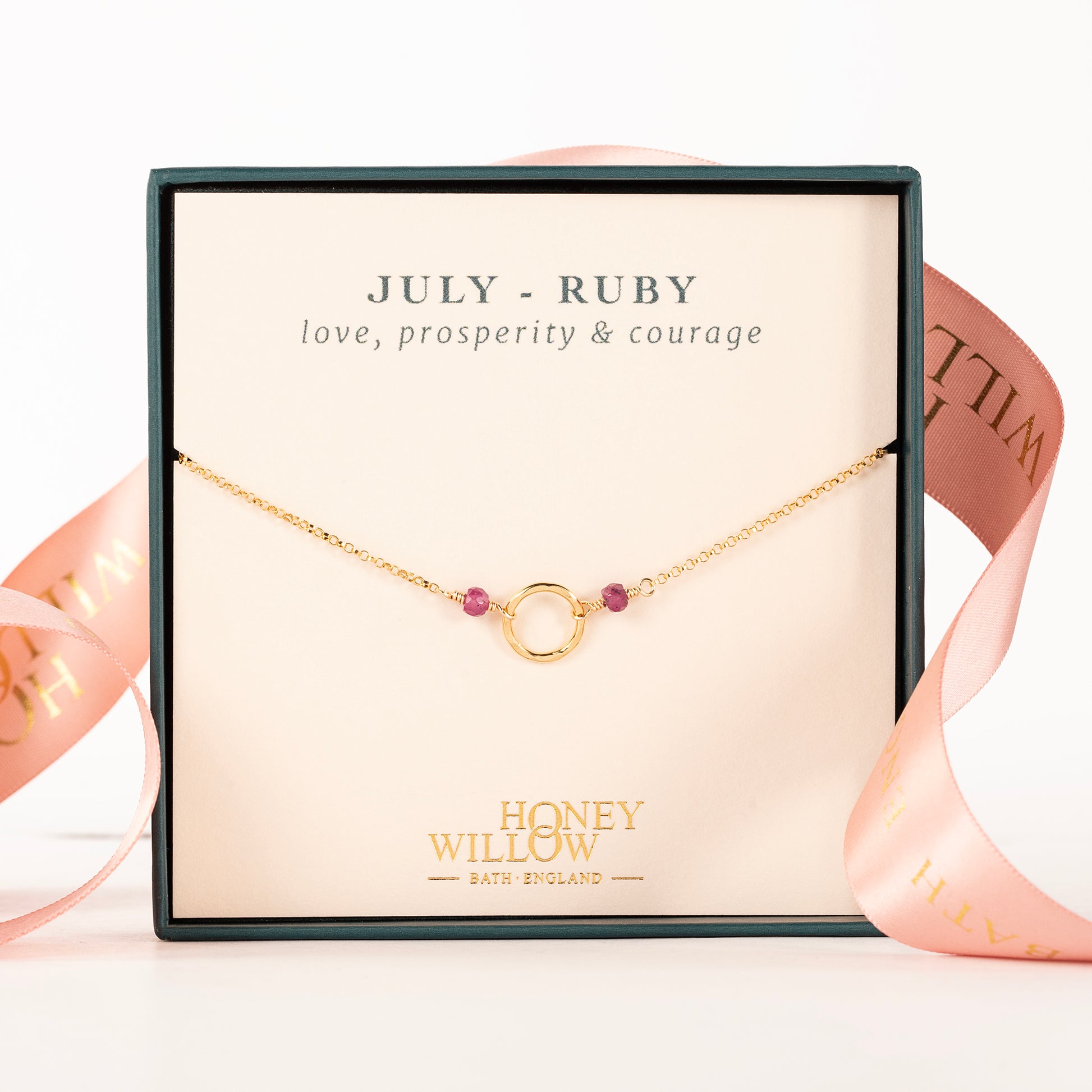 July Birthstone Halo Necklace - Ruby - Silver & Gold