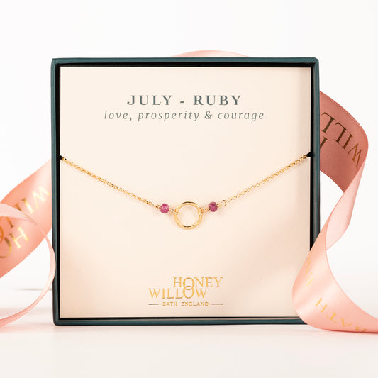 July Birthstone Halo Necklace - Ruby - Silver & Gold