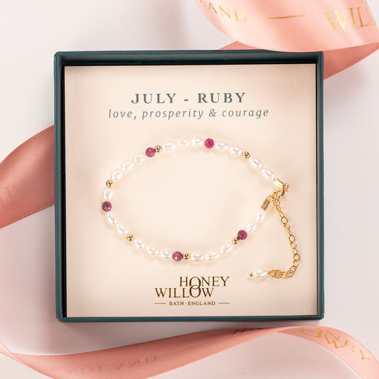 July Birthstone Bracelet - Seed Pearl & Ruby - Silver & Gold