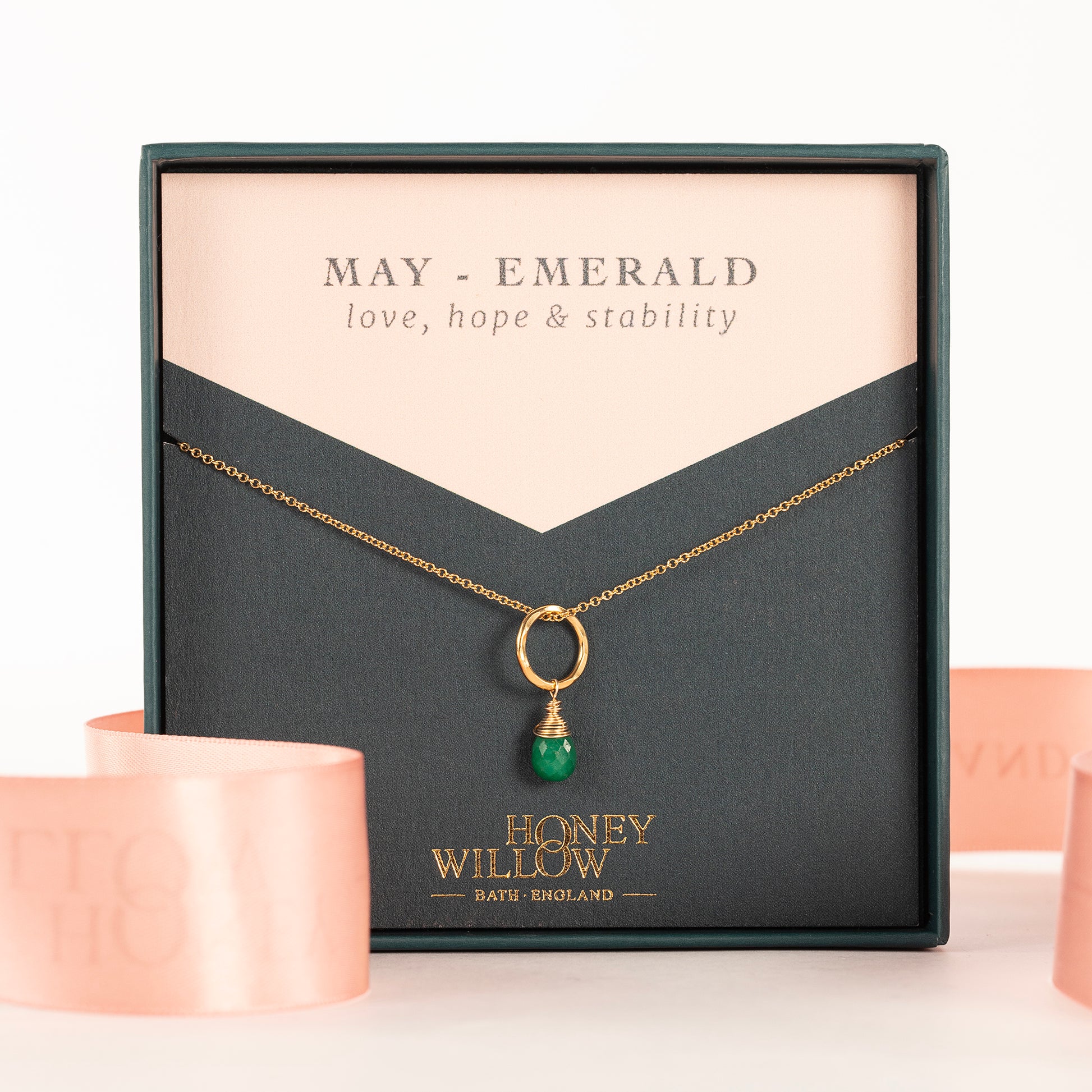 May Birthstone Circle Necklace - Emerald - Silver & Gold