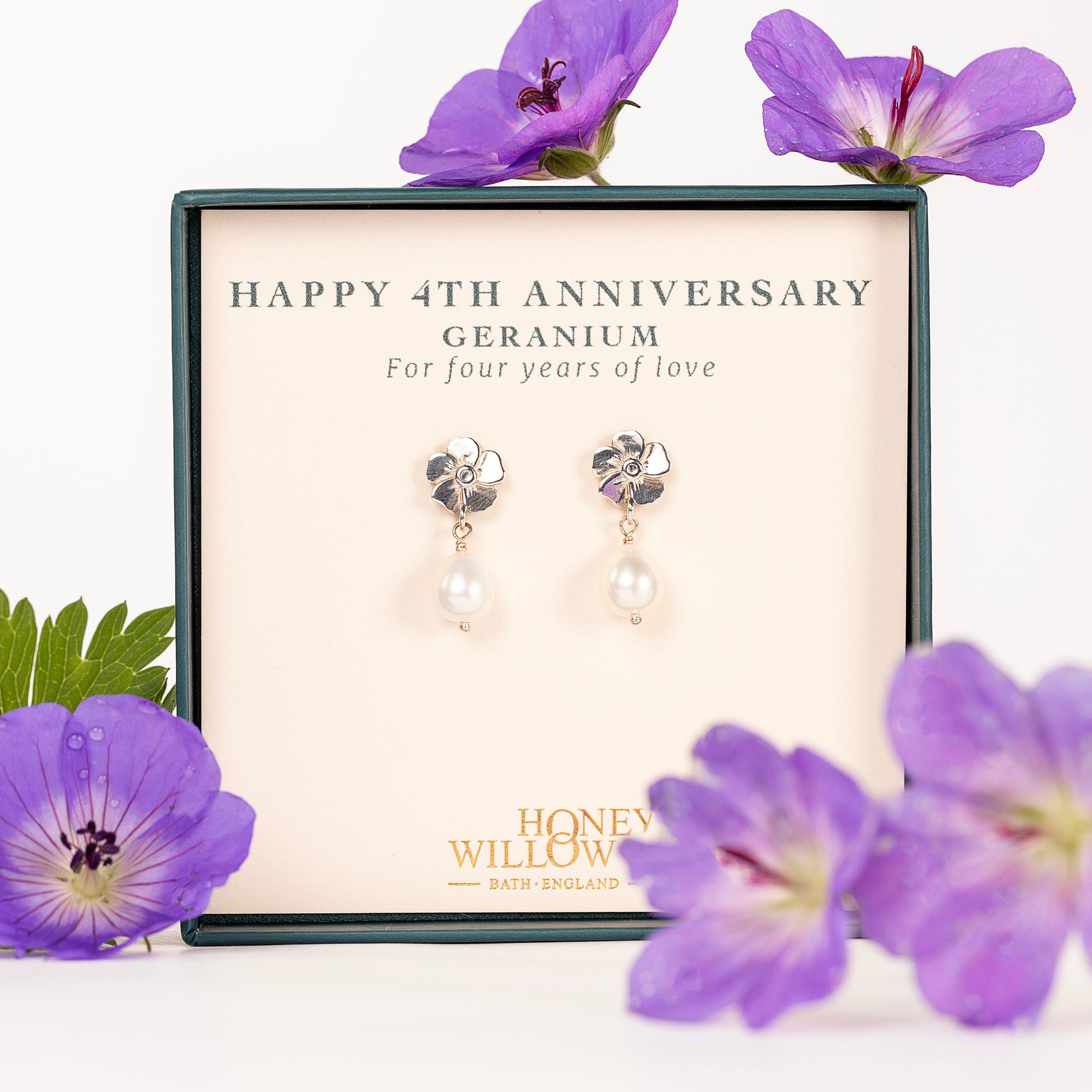 4th Anniversary Gift - Geranium Flower Earrings - Silver & Pearl