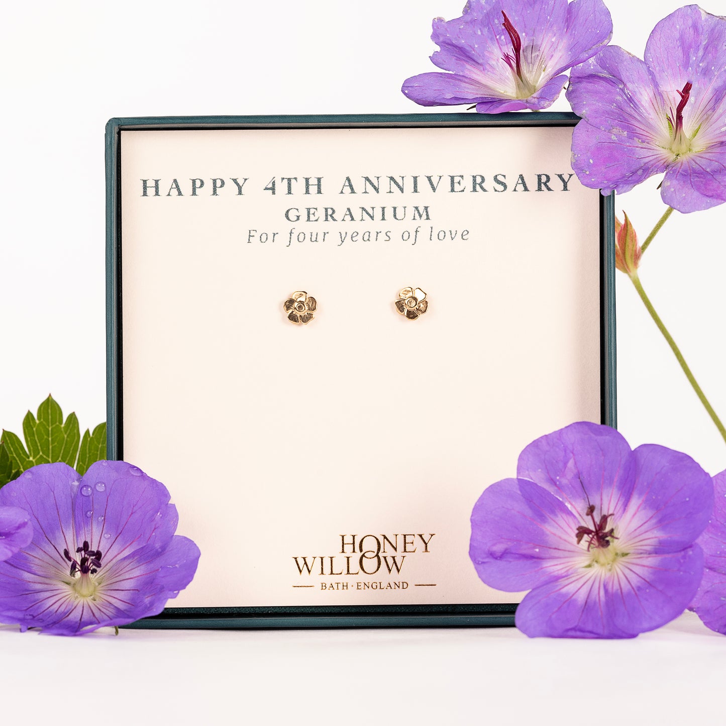 4th Anniversary Gift - Geranium Flower Stud Earrings - 9kt Gold