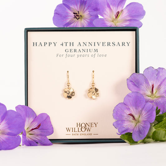 4th Anniversary Gift - Geranium Flower Earrings - 9kt Gold
