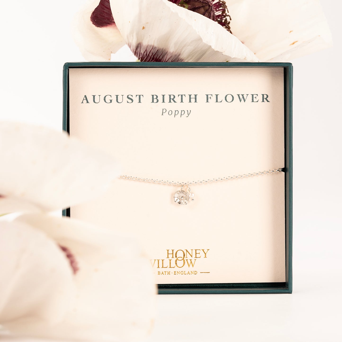 August Birth Flower Bracelet - Poppy & Pearl - Silver
