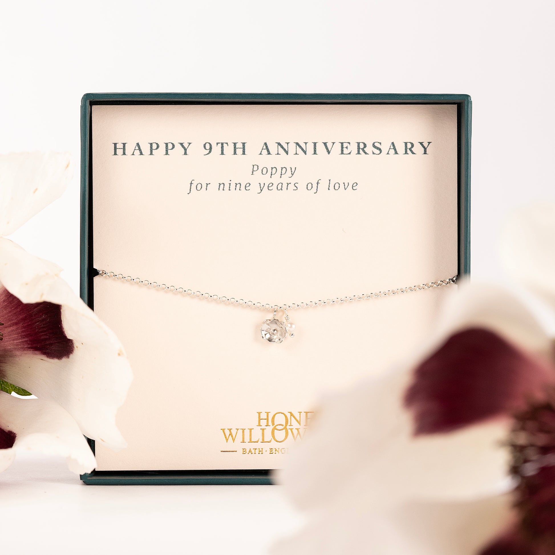 9th Anniversary Gift - Delicate Poppy Flower & Pearl Bracelet - Silver