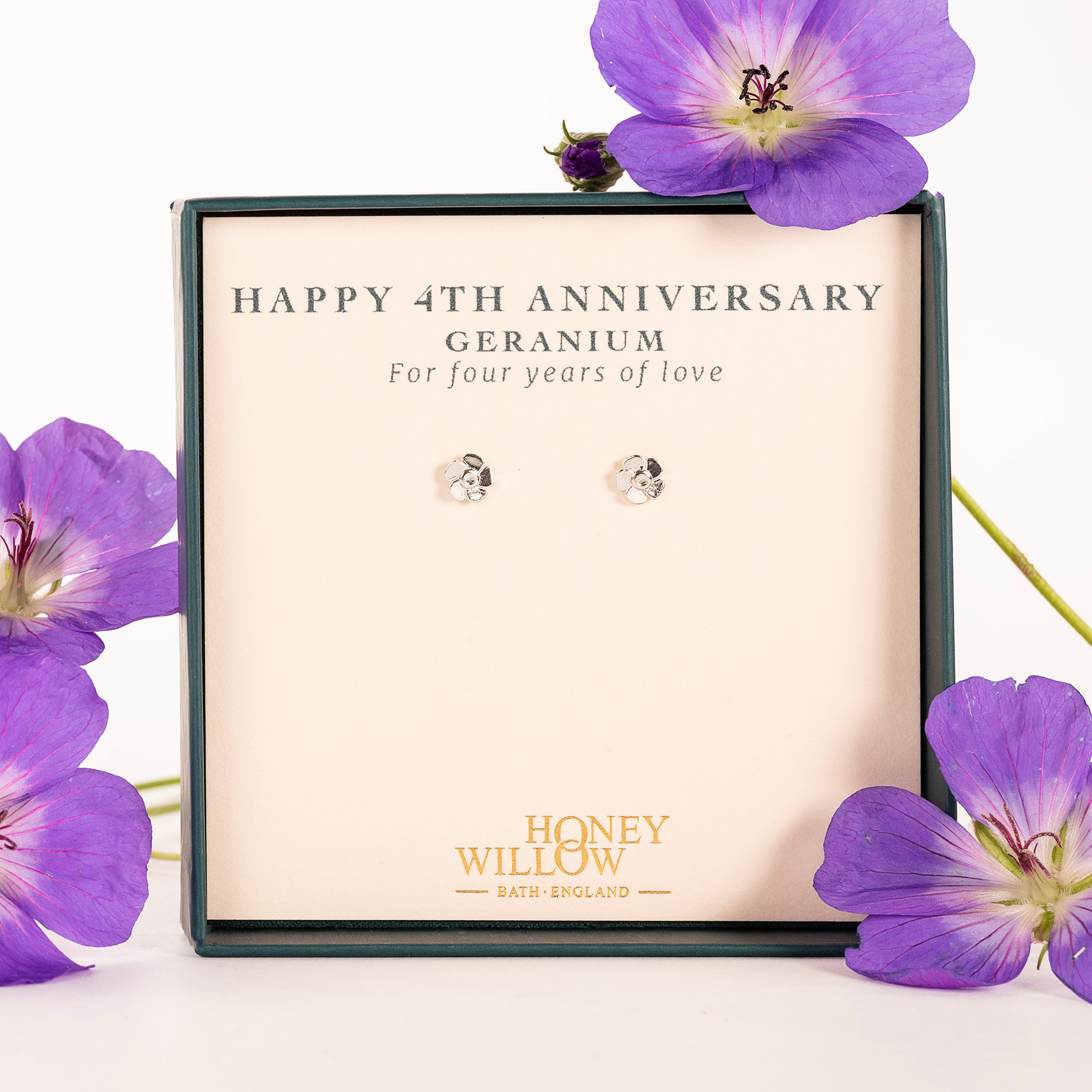 4th Anniversary Gift - Geranium Flower Stud Earrings - Silver
