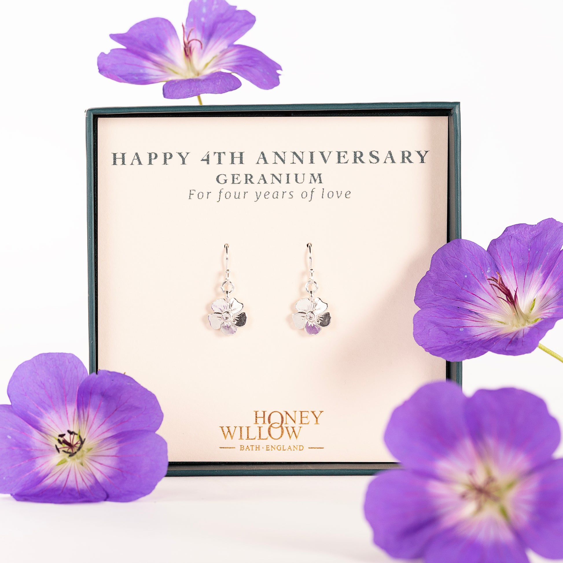 4th Anniversary Gift - Geranium Flower Earrings - Silver