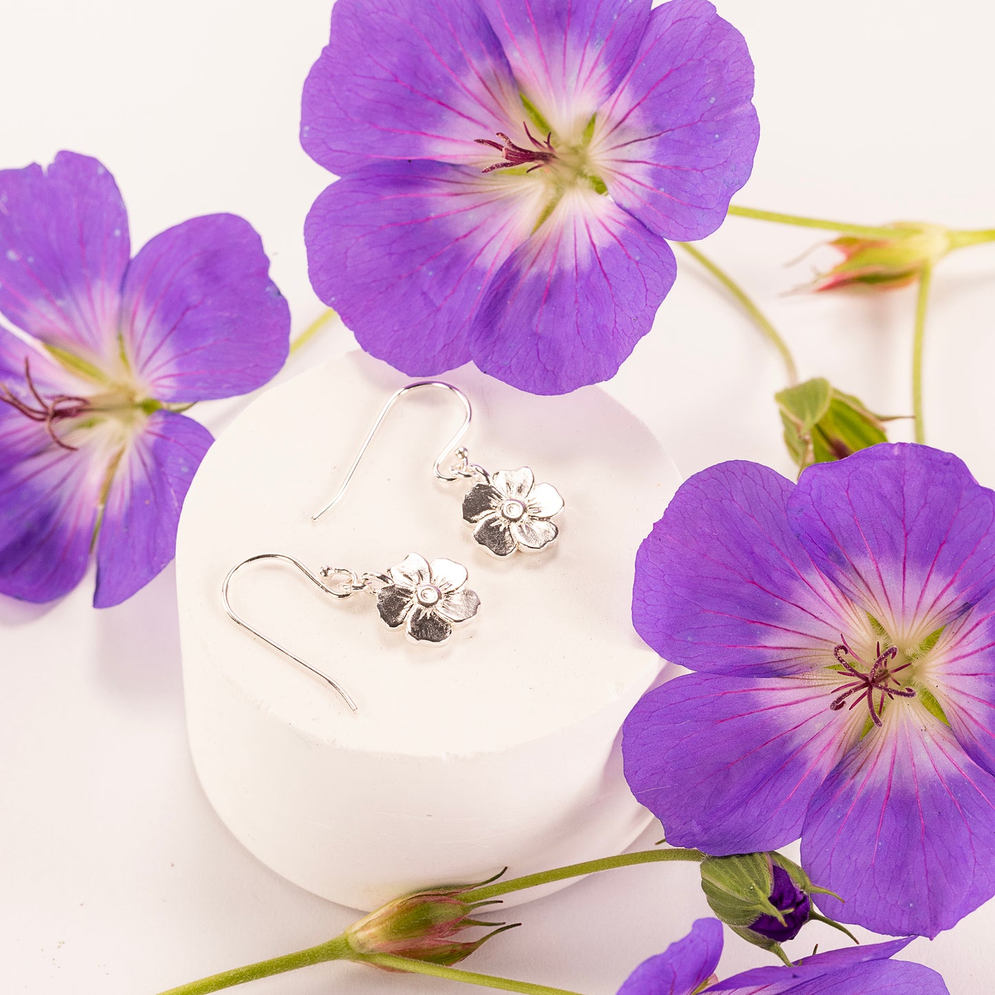 4th Anniversary Gift - Geranium Flower Earrings - Silver