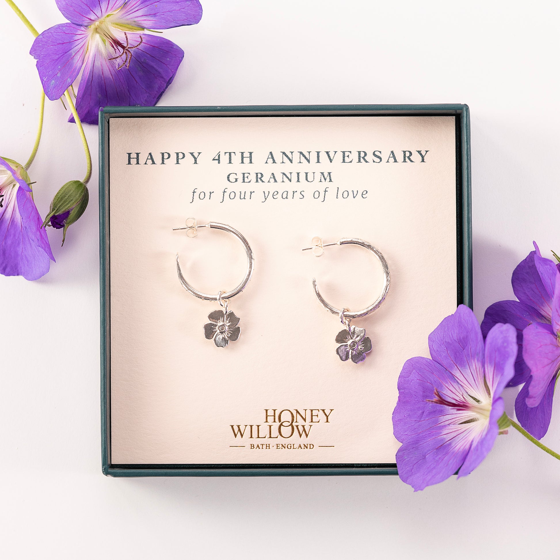 4th Anniversary Gift - Geranium Flower Hoop Earrings - Silver - 2cm