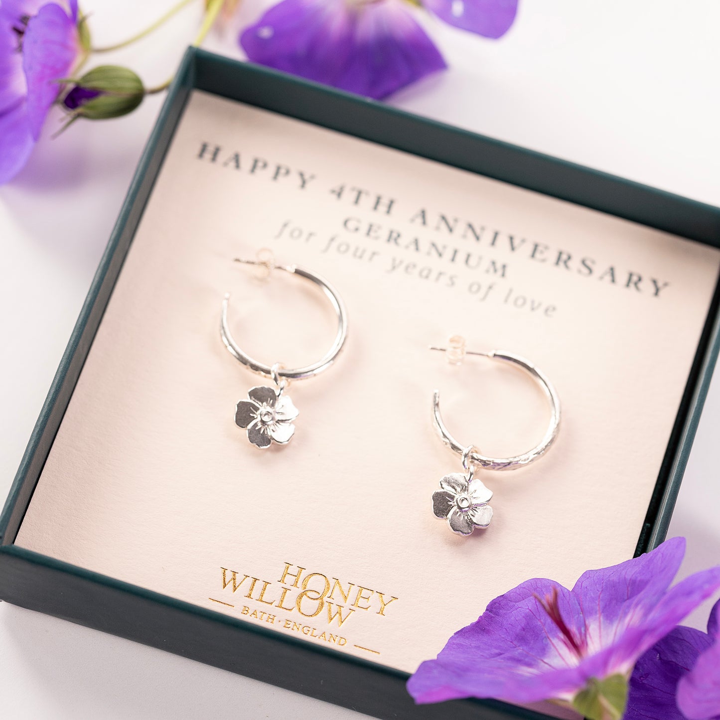 4th Anniversary Gift - Geranium Flower Hoop Earrings - Silver - 2cm
