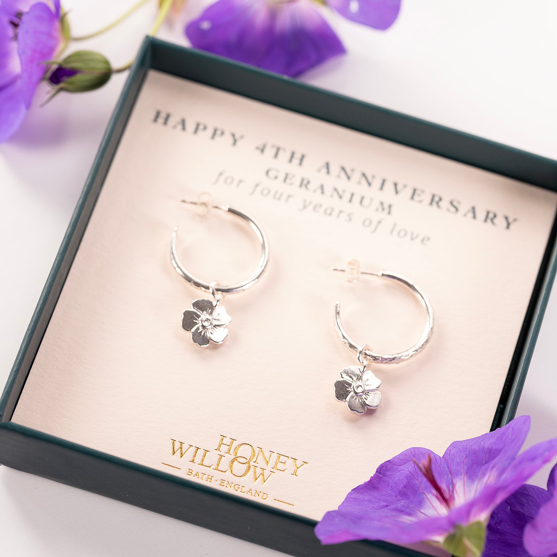 4th Anniversary Gift - Geranium Flower Hoop Earrings - Silver - 2cm