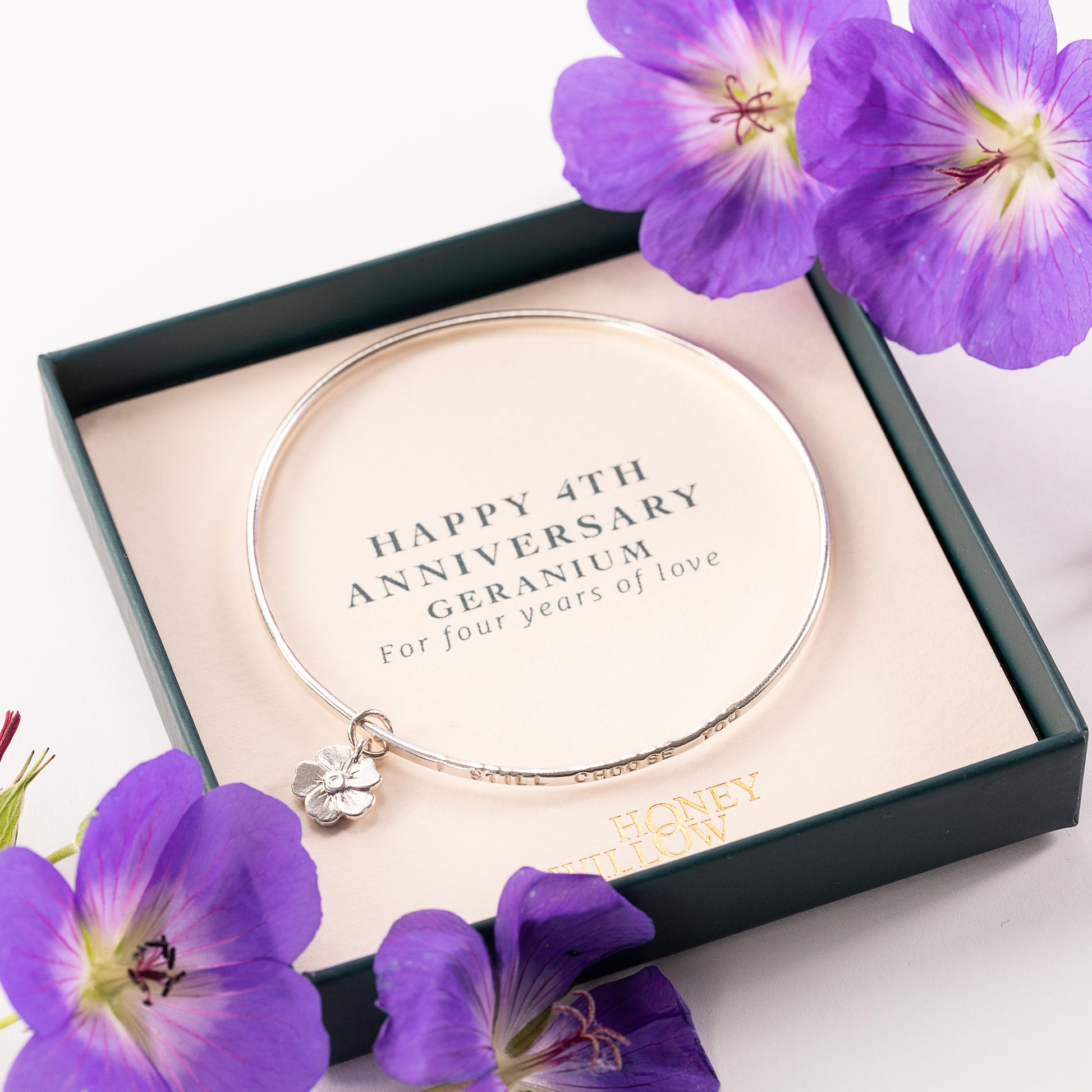 4th Anniversary Gift - Personalised Geranium Flower Bangle - Silver