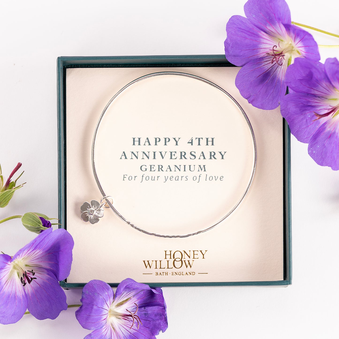 4th Anniversary Gift - Personalised Geranium Flower Bangle - Silver