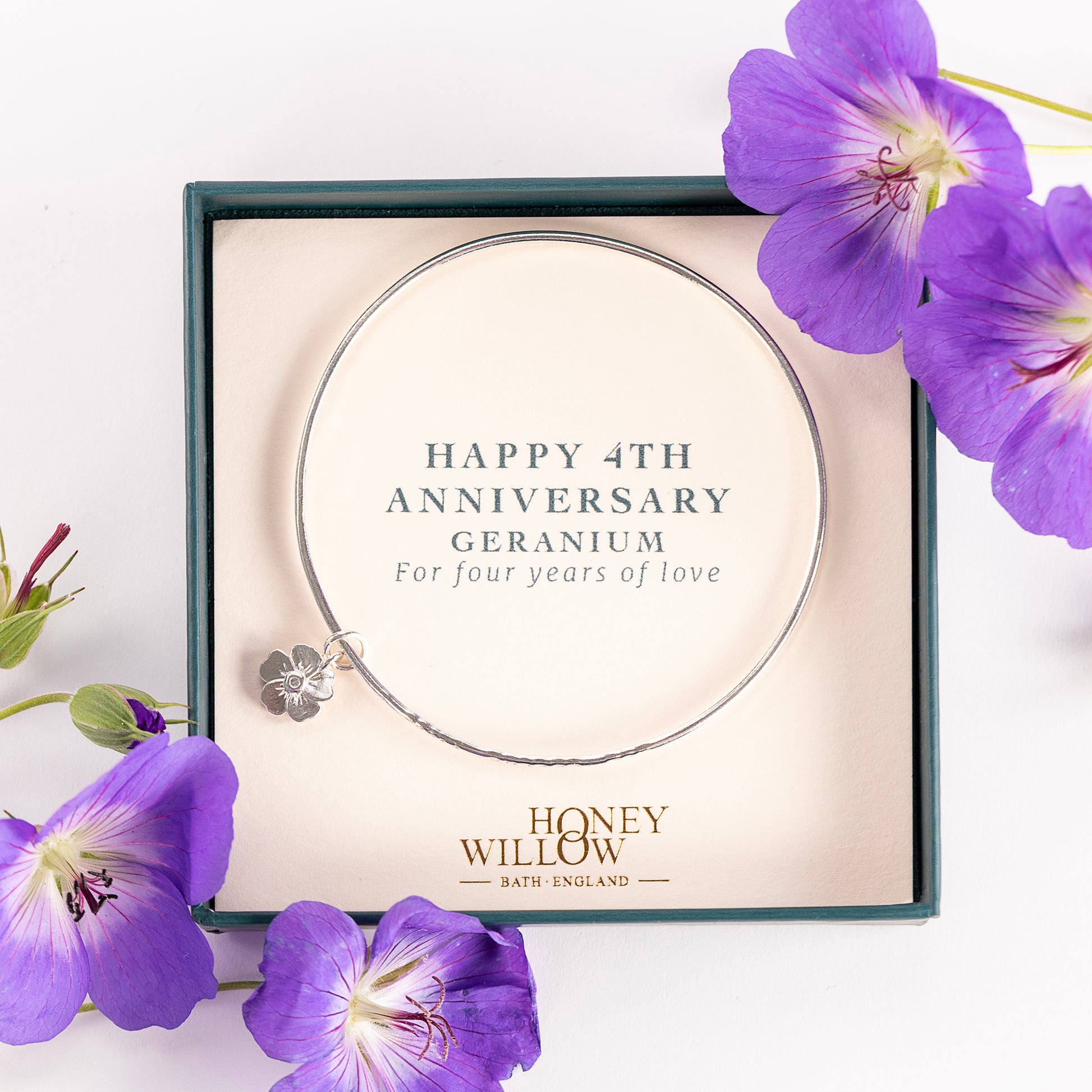 4th Anniversary Gift - Personalised Geranium Flower Bangle - Silver